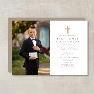 Invitation Élégant Taupe Croix Photo Garçon Première Communio