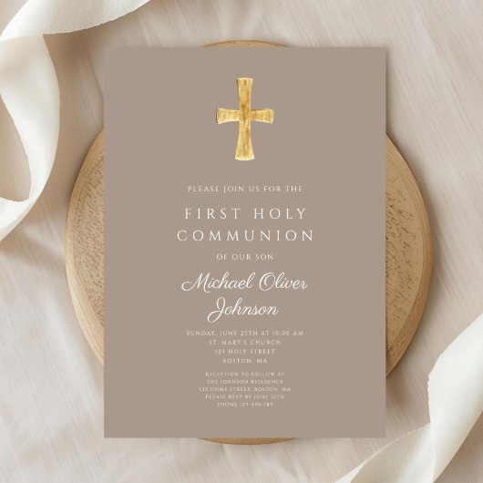 Invitation Elégant Taupe Cross Boy First Communion