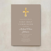 Invitation Elégant Taupe Cross Boy First Communion