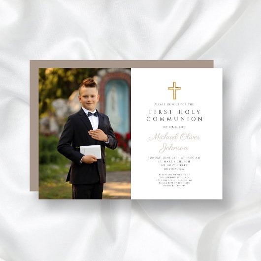 Invitation Elegant Taupe Cross Photo Boy First Communion