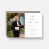 Invitation Elegant Taupe Cross Photo Boy First Communion