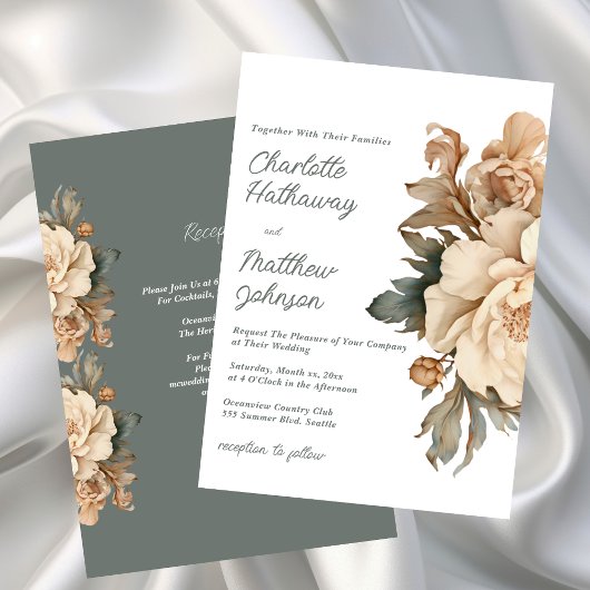 Invitation Elegant Taupe Floral Wedding With Sage Green
