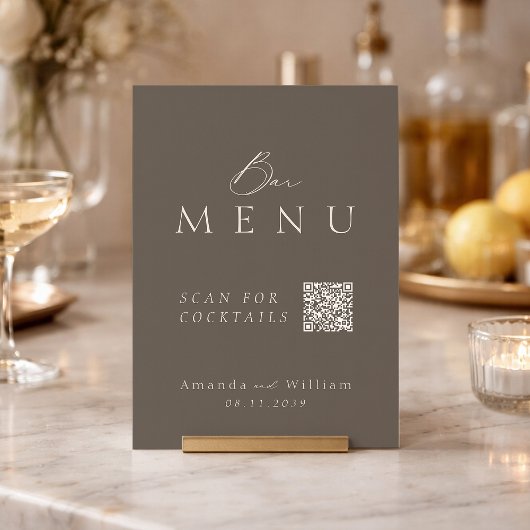 Invitation Elegant Taupe QR Code Wedding Bar Menu Sign