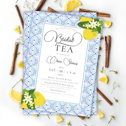 Invitation Elégant Tea Party Lemons Carreaux Bleus Douche