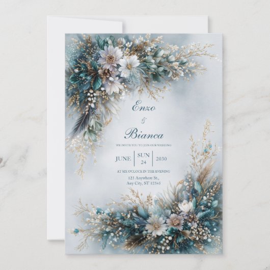 Invitation Elegant Teal Blue Floral Gold Feather Wedding (Devant)