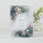 Invitation Elegant Teal Blue Floral Gold Feather Wedding (Debout devant)