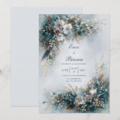 Invitation Elegant Teal Blue Floral Gold Feather Wedding (Devant / Derrière)