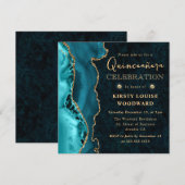 Invitation Élégant Teal et Or Paillettes Agate Quinceanera (Devant / Derrière)