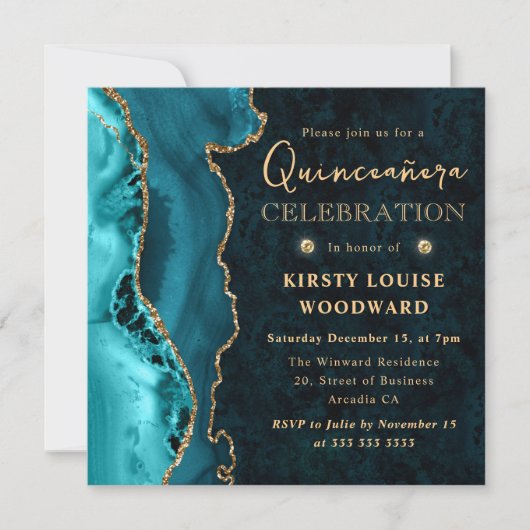 Invitation Élégant Teal et Or Paillettes Agate Quinceanera (Devant)