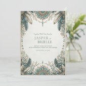 Invitation Elegant Teal Feather Ornate Filigree Wedding (Debout devant)