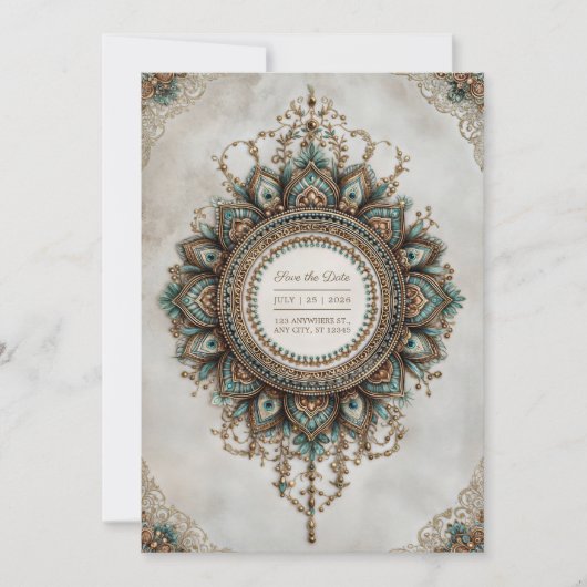 Invitation Elegant Teal Gold Peacock Mandala Boho Wedding (Devant)