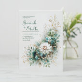 Invitation Elegant Teal Green Gold White Floral Wedding (Debout devant)