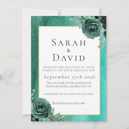 Invitation Elegant Teal Green Watercolor Floral Wedding (Devant)