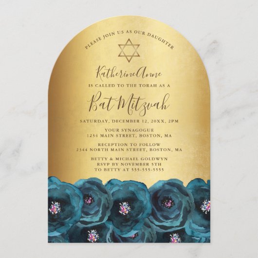 Invitation Elegant Teal Rose Floral Gold Bat Mitzvah (Devant)