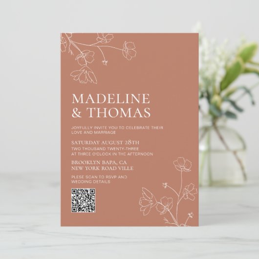 Invitation Élégant Terracotta Boho Photo Code QR Mariage (Debout devant)