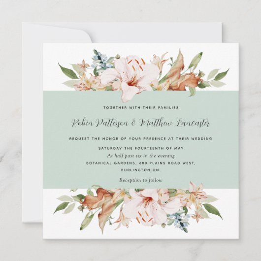 Invitation Élégant Terrain Blooms Sage Green Carré Mariage da (Devant)