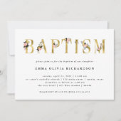 Invitation Élégant texte or floral | Baptême (Devant)
