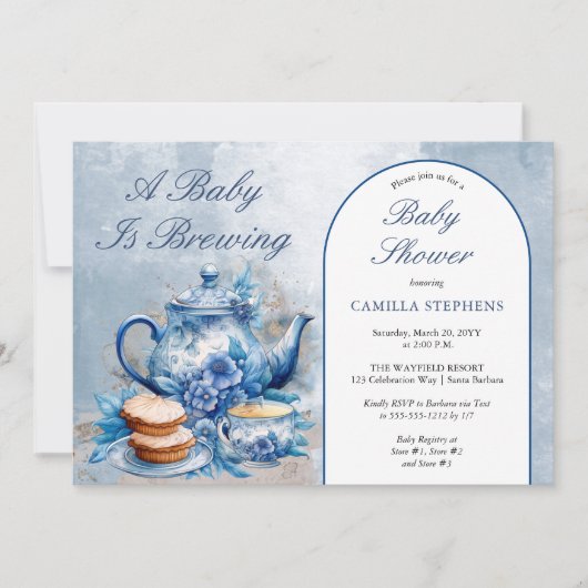 Invitation Elégant thé à Baby shower bleu Floral Set thé (Devant)