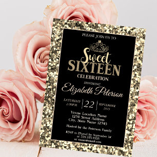 Invitation Élégant Tiara élégant, Or Sequins Sweet 16 Partie
