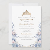 Invitation Elégant Tiara Gold Blue roses Quinceañera (Devant)