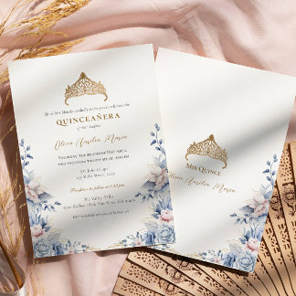 Invitation Elégant Tiara Gold Blue roses Quinceañera