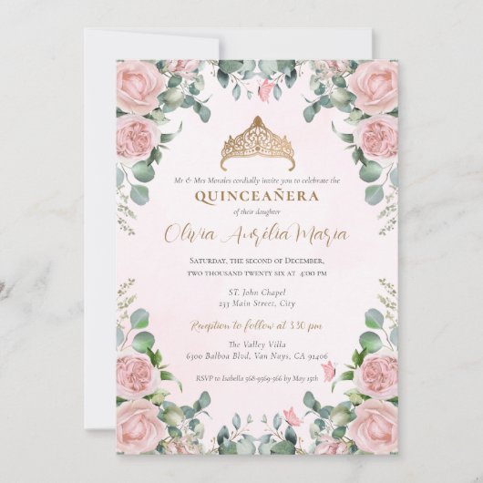 Invitation Elégant Tiara Gold Rose Blush rose Quinceañera (Devant)