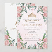 Invitation Elégant Tiara Gold Rose Blush rose Quinceañera (Devant / Derrière)