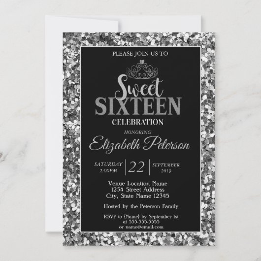 Invitation Élégant Tiara, Silver Sequins Sweet 16 Part (Devant)