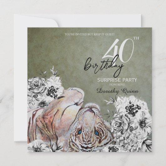 Invitation Elégant Tiger Botanique Floral Surprise Anniversai (Devant)