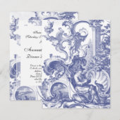 Invitation Elégant Toile Baroque Bleue Française (Devant / Derrière)
