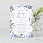 Invitation Élégant Toile bleu Baby shower Floral (Debout devant)