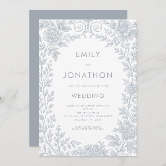 Invitation Elégant Toile Bleue De Jouy Bordure Code QR Mariag (Devant / Derrière)
