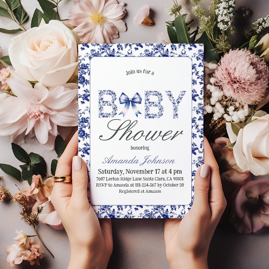 Invitation Elégant Toile Bleue de Jouy et Baby shower Bow