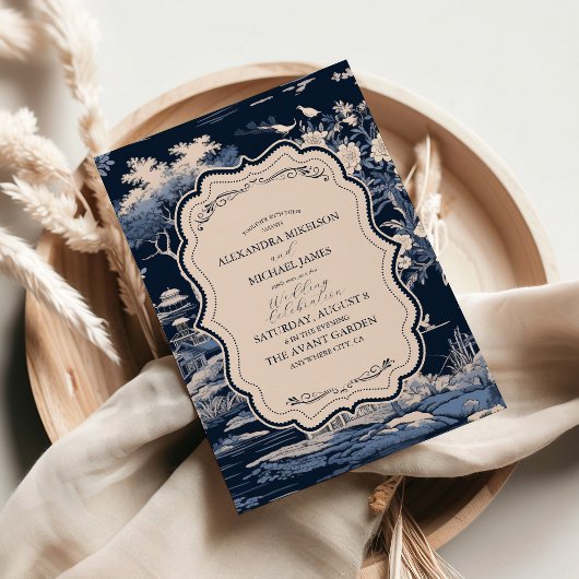 Invitation Elégant Toile Bleue De Jouy Mariage