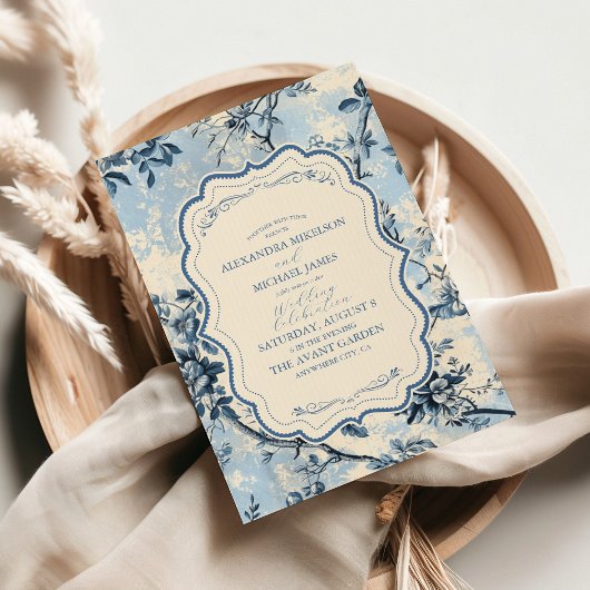 Invitation Elégant Toile Bleue De Jouy Mariage
