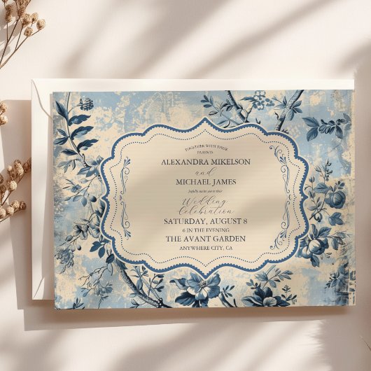 Invitation Elégant Toile Bleue De Jouy Mariage