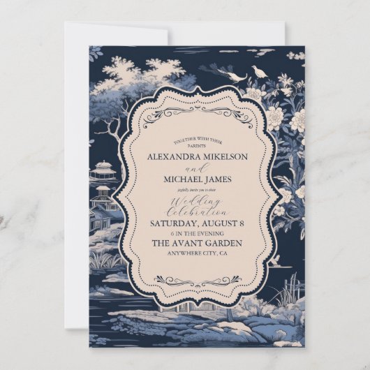 Invitation Elégant Toile Bleue De Jouy Mariage (Devant)