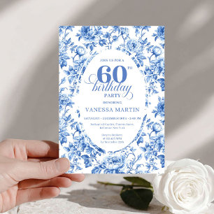 Invitation Élégant Toile de Jouy Fleurs Bleues Profondes 60e