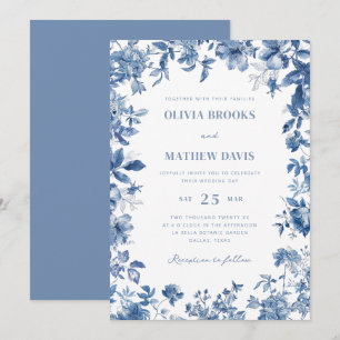 Invitation Elégant Toile De Jouy Vintage Floral Blue Mariage