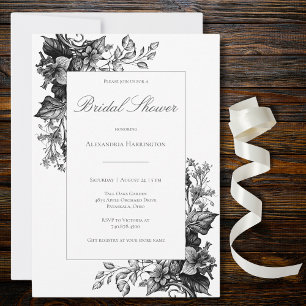 Invitation Élégant Toile Floral Noir et Blanc pour une Mariée