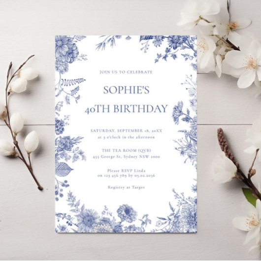 Invitation Elégant Toile Français Bleu toile 40e anniversaire