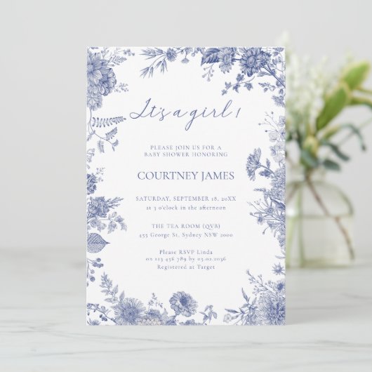 Invitation Elégant Toile Français Bleu toile c'est une fille (Debout devant)