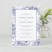 Invitation Elégant Toile Français Jardin Bleu Floral (Debout devant)