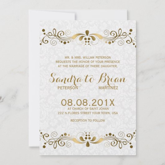 Invitation Elégant Tons Or Dentelle Florale Avec Damas Blanch (Dos)