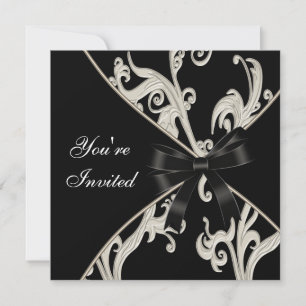 Invitation Élégant Tourbillon Noir Blanc Crème pour Soirée