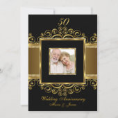 Invitation Élégant Tourbillon Or & Noir Photo 50 Ans (Devant)