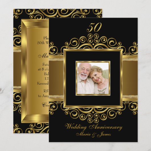 Invitation Élégant Tourbillon Or & Noir Photo 50 Ans (Devant / Derrière)