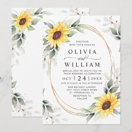 Invitation Elégant Tournesol Aquarelle Mariage (Devant / Derrière)