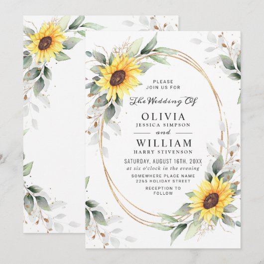 Invitation Elégant Tournesol Aquarelle Mariage (Devant / Derrière)