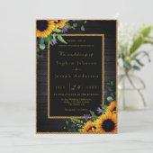 Invitation Elégant tournesol doré et Mariage en bois rustique (Debout devant)